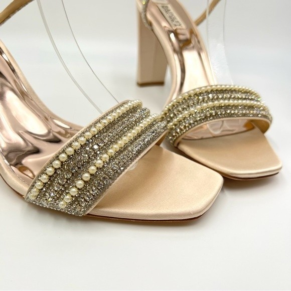 Badgley Mischka Size 11 Kari Soft Nude Satin Jeweled Block Open Toe Heels Shoes - Picture 4 of 12